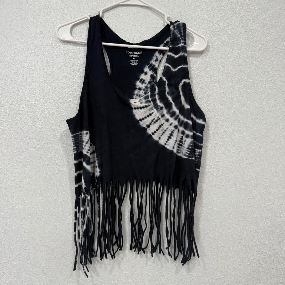 Southern Spirit Womens XL Black White Tie Dye Fringe Racerback Tank Top Cotton